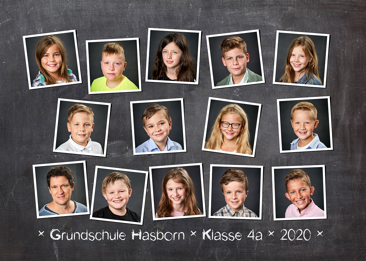 Grafik: Einzelfotos aller SchÃ¼ler der Klasse 4a mit Klassenlehrer Herrn HÃ¶hler in Form einer Collage.